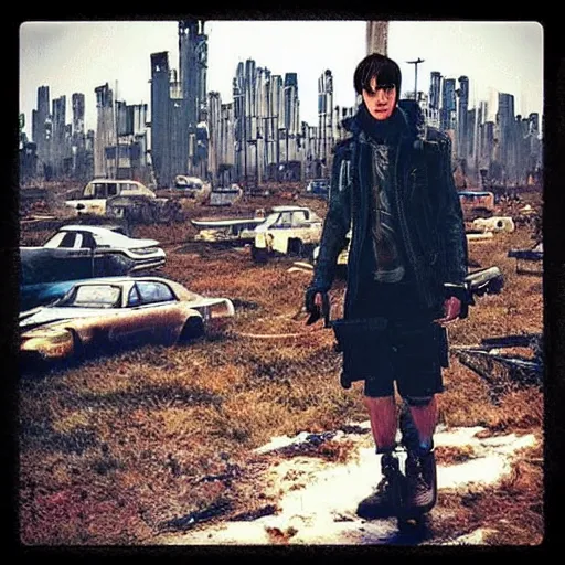 Image similar to “an android boy in a post apocalyptic, over grown super metropolis searching for people.”