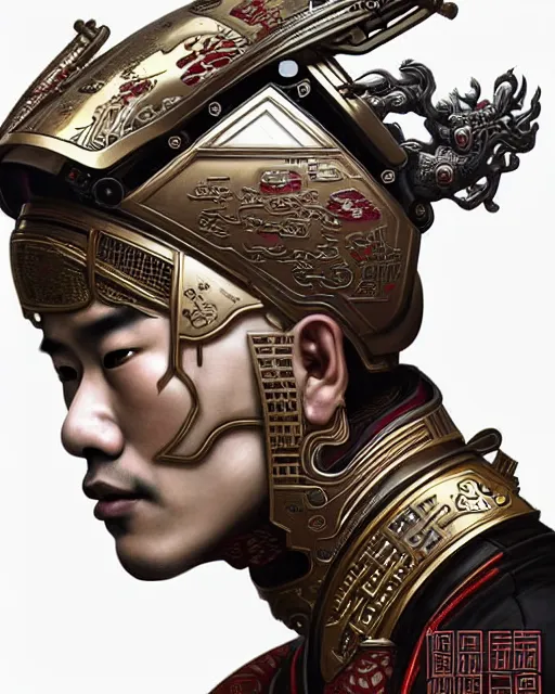 Image similar to portrait of a chinese masculine male cyberpunk machine, machine face, upper half portrait, decorated with chinese opera motifs, muscular, asian, fine china, wuxia, traditional chinese art intricate intense elegant 京 剧 highly detailed symmetry headpiece digital painting artstation concept art smooth sharp focus illustration, art by artgerm and greg rutkowski alphonse mucha 8 k