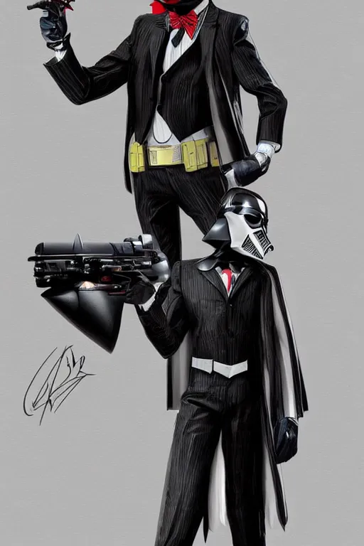 Image similar to Joker wearing dart vader's suit, full character, artstation, highly detailed, highly realistic