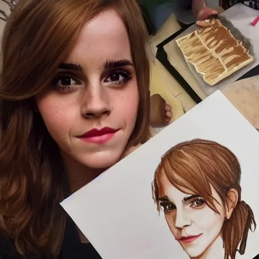 Prompt: emma watson draw with chocolate and icing.