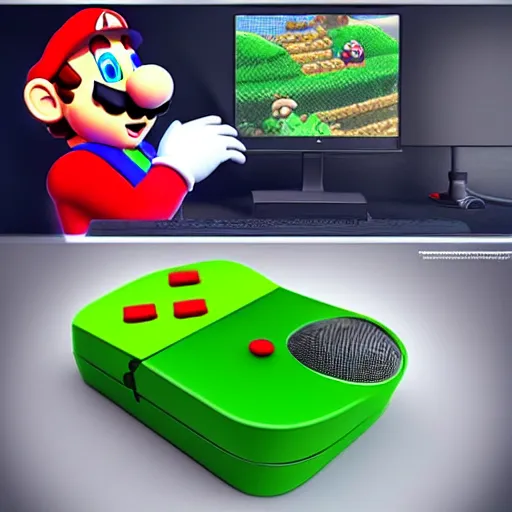 Prompt: “Super Mario playing Xbox, 3D Art, Trending on Artstation, ultra realistic, unreal engine, digital art”
