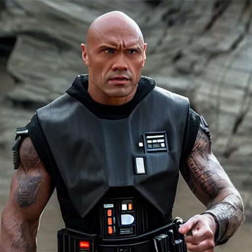 Prompt: still of the rock cosplaying as leah in star wars