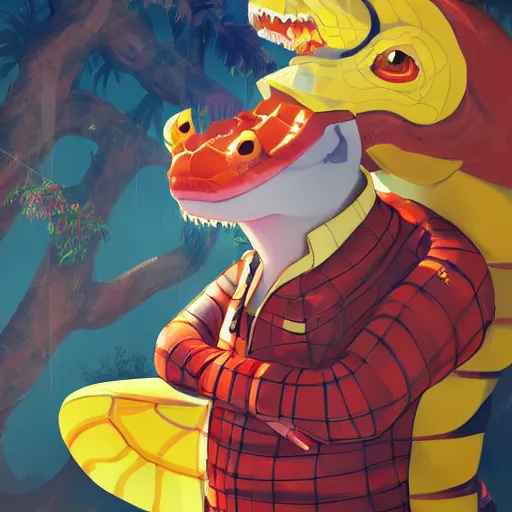 Image similar to in the style of artgerm, loish and ross tran, anthropomorphic alligator, red scales on his back, yellow scale on his belly and chest, male, waring a hawaiian shirt, in the style of zootopia