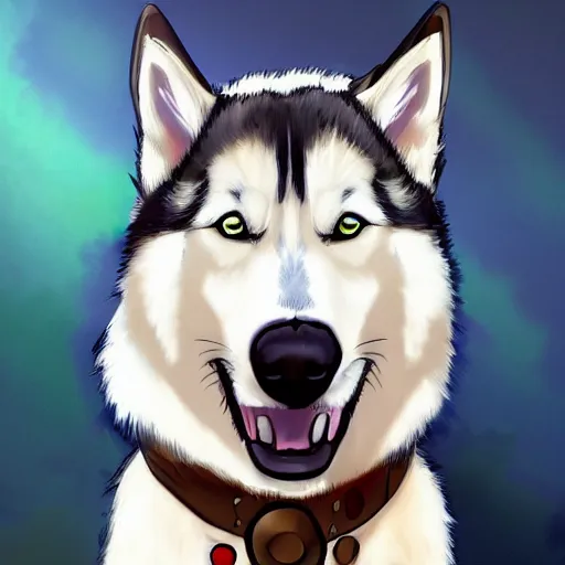 Image similar to a portrait painting of a husky in cowboy costume, wearing a cowboy hat, by [ studio ghibli ], in the style of anime, trending on artstation