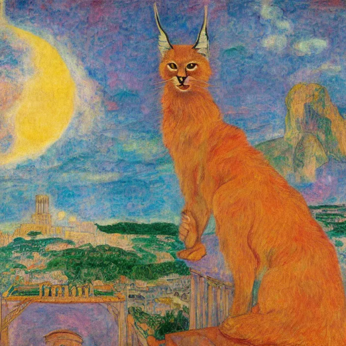 Prompt: close portrait of cute fluffy caracal, with ancient greek city with marble columns temple. sun through the clouds, vivid iridescent colors. agnes pelton, egon schiele, munch, henri de toulouse - lautrec, utamaro, monet