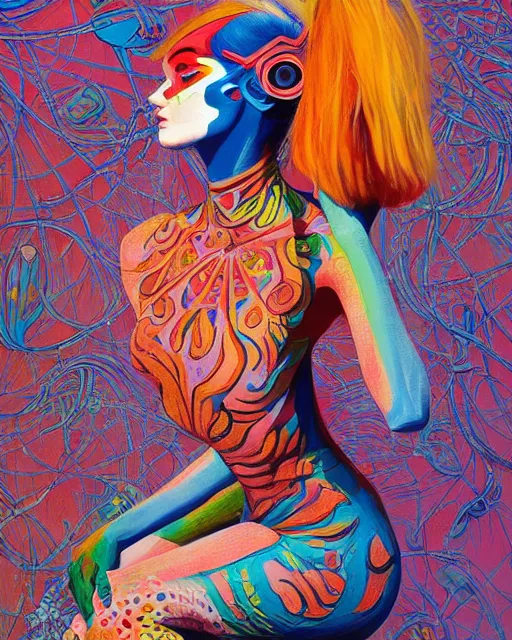 Image similar to a beautiful girl wearing colourful face paint surrounded by bright intricate patterns, painted by edward hopper, wayne barlowe, painted by james gilleard, airbrush, art by jamesjean