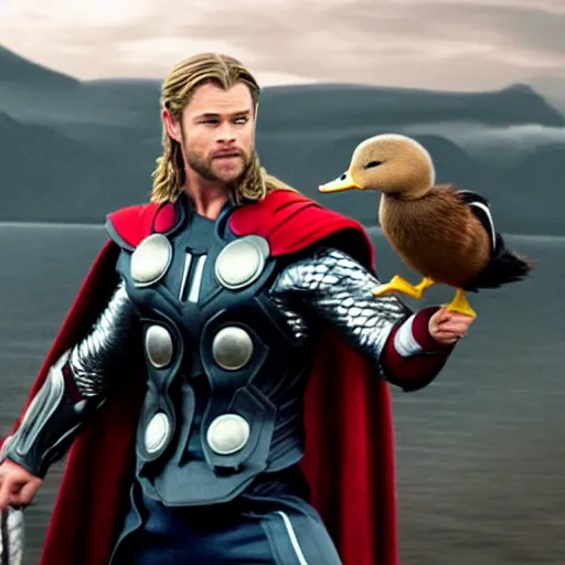 Image similar to chris hemsworth as thor is holding a duck, highly detailed, realistic face, 4k, hd