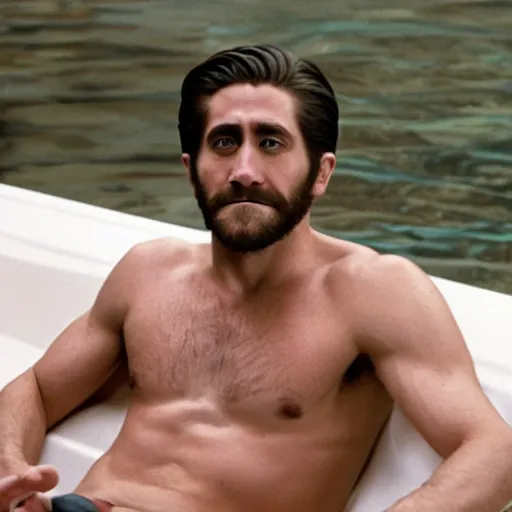 Image similar to cinestill of Jake Gyllenhaal sitting in a hot tub in the movie Waiting for Kristin