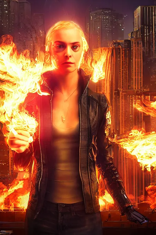 Image similar to in the foreground Saint Petersburg in cyberpunk, in the background a magnificent young blonde woman from behind playing with flames coming out of her hands wearing a long matrix-style jacket, realistic, high definition, many details, dramatic scene, symmetrical face, eyes realistic, art of alex ross