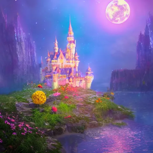 Image similar to a single glittering fairy castle at night, a full moon, water and colourful flowers, extremely detailed oil painting, unreal 5 render, fantasy digital art, octane render, beautiful composition, trending on artstation, award-winning photograph, masterpiece