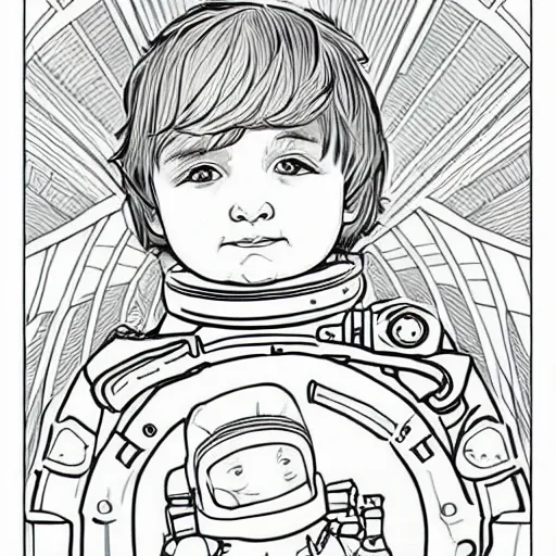 Image similar to clean simple line art of a cute little boy with short straight hair. he is dressed as an astronaut. no background. well composed, clean coloring book page, beautiful detailed face. coloring book line art by artgerm and greg rutkowski and johanna basford and alphonse mucha