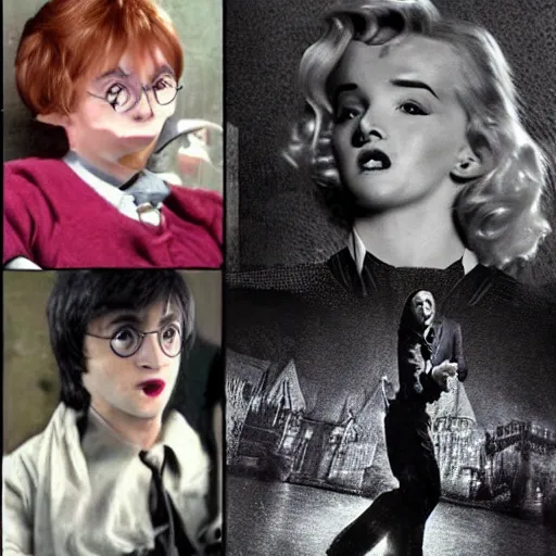 Image similar to a hard core meme featuring harry potter and marylin monroe