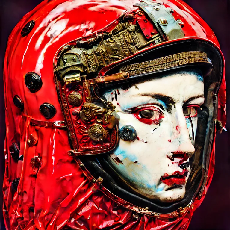 Image similar to portrait of a third reich soldier in ornate motorcycle dirt helmet in a helmet background red plastic bag, circuitboard,, rich deep colors, ultra detail, by francis bacon, james ginn, petra courtright, jenny saville, gerhard richter, zdzisaw beksinsk, takato yamamoto. masterpiece, elegant fashion studio ighting 3 5 mm