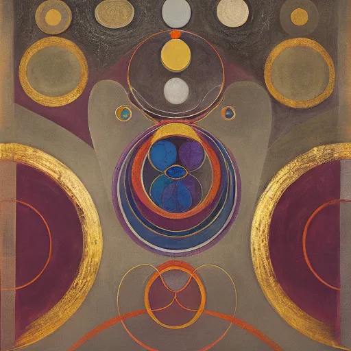 Prompt: triads of ascent by hilma af klint, oil and gold leaf on canvas, high resolution, masterpiece