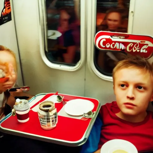 Prompt: lomo astronaut having dinner with cocacola in train