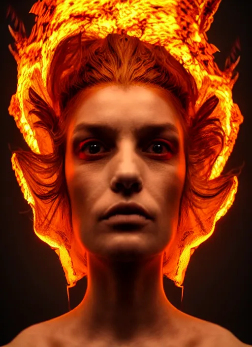 Image similar to hyperrealistic mixed media portrait of an evil female pyromancer, stunning 3d render inspired art by Lars Grant-West + perfect facial symmetry + dim volumetric lighting, ornate flowing robes, radiant fiery energy, swirling wispy smoke, 8k octane beautifully detailed render, post-processing, extremely hyperdetailed, intricate, epic composition, grim yet sparkling atmosphere, cinematic lighting + masterpiece, trending on artstation, Art Nouveau