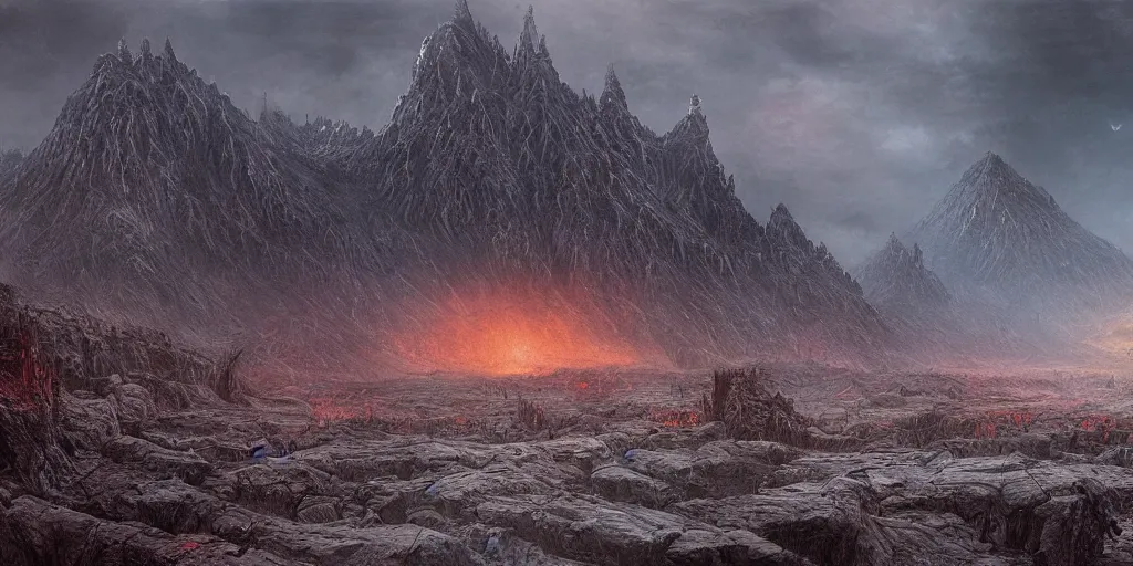 Image similar to Mordor Gorgoroth Plains in the evening, detailed matte painting, cinematic, Alan Lee, Artstation