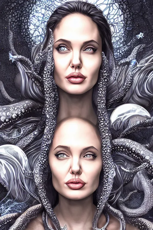 Prompt: young angelina jolie as an octopus witch dressed in intricate silver clothing surrounded by underwater particles above sharks and sea creatures, fantasy, wlop, trending on artstation, deviantart, anime key visual, official media, professional art, 8 k uhd