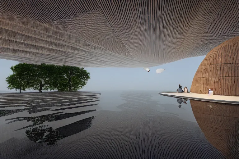 Prompt: an egg shaped building space of different sizes intersects and combines together. on the calm lake surface, people's perspective, future, interior wood, marble, award winning, highly detailed 4 k art, dusk, unreal engine highly rendered, global illumination, radial light, internal environment by kazuyo sejima