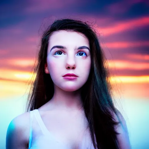 Image similar to photo portrait of young adult thalia as a cyborg, hdr, sunset lit in a white room