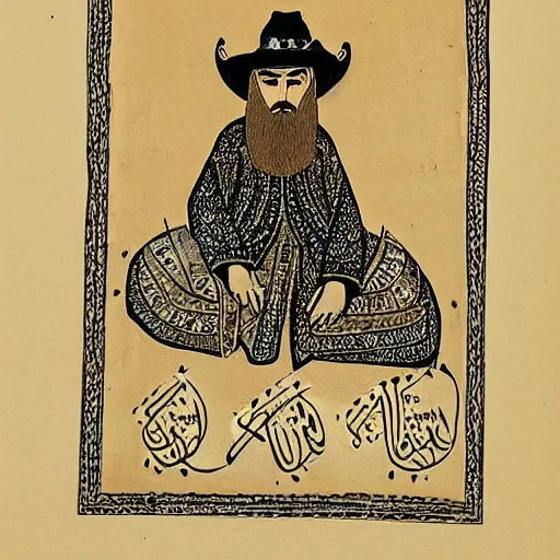 Prompt: bearded cowboy sitting cross legged, persian folkore artstyle, calligraphy border