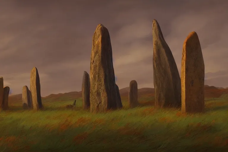 Image similar to circle of standing stones at dawn, dramatic cinematic lighting, rich colors, by William Dyce and ford madox brown and April Gornik and Caspar David Friedrich and Diego Rivera and Tyler Edlin, featured on artstation