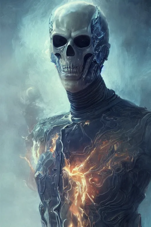 Image similar to Portrait of Ryan Gosling as Ghost Rider, half human face, marvel, dark, intricate, highly detailed, smooth, artstation, digital illustration by Ruan Jia and Mandy Jurgens and Artgerm and Wayne Barlowe and Greg Rutkowski and Zdislav Beksinski