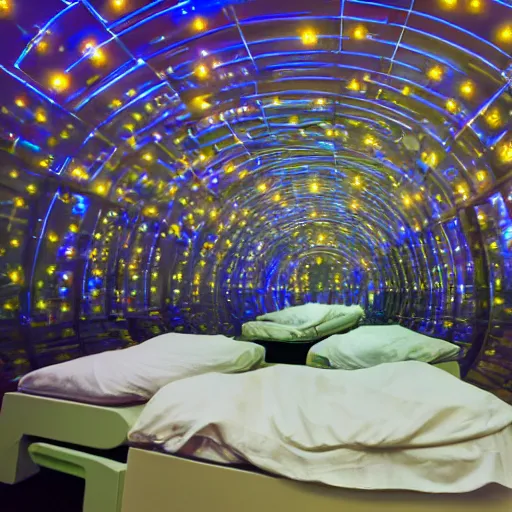 Image similar to cybernetic sleeping pods, diverse humans sleeping in healing pods, humans sleeping in healing pods, wide wide angle, vivid, elaborate, starry forest, highly detailed, beautiful dim lighting