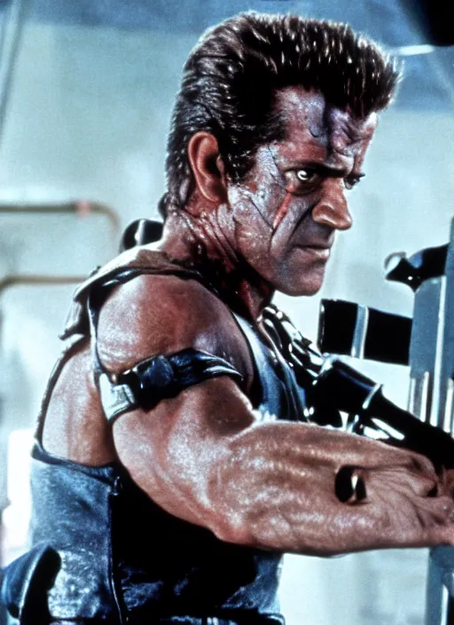 Prompt: film still of Mel Gibson as The Terminator in The Terminator, 4k