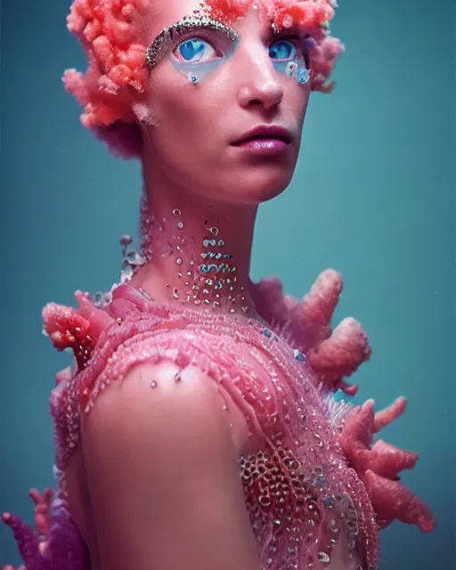 Prompt: natural light, soft focus portrait of a cyberpunk anthropomorphic coral with soft synthetic pink skin, blue bioluminescent plastics, smooth shiny metal, elaborate ornate head piece, piercings, skin textures, by annie leibovitz, paul lehr