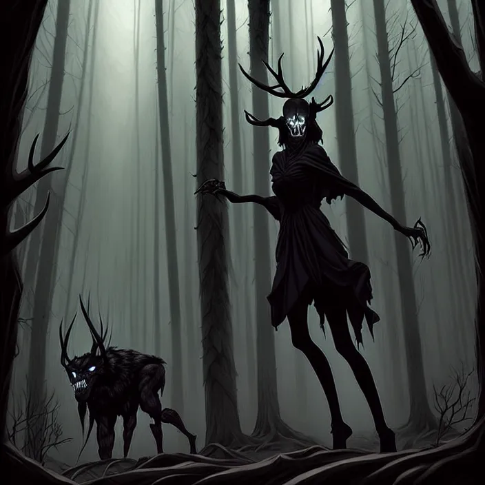 Image similar to style artgerm, joshua middleton, diego fazio, hubert robert : : scary wendigo with antlers and skull face mixed with werewolf : : [ beautiful witch wearing a black dress, symmetrical face, on the right side ] : : in the forest, detailed, dark and foggy, cinematic lighting
