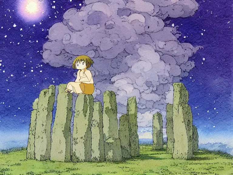 Image similar to a simple watercolor studio ghibli movie still fantasy concept art of a giant monnk sitting in a tiny stonehenge. it is a misty starry night. by rebecca guay, michael kaluta, charles vess