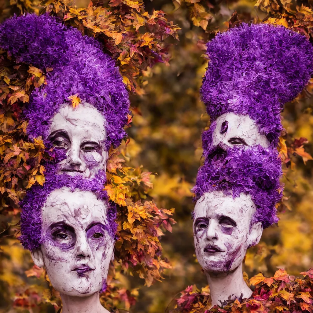 Image similar to highly detailed portrait photography steered gaze of a stern face, wearing a purple opera mask, in autumn, 105mm f2.8 at the grand budapest hotel