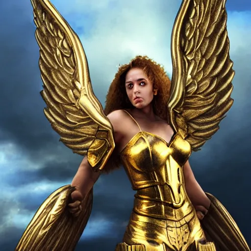 Image similar to a valkyrie warrior with angel wings flying with golden armor in front of a sky background, digital art, highly detailed, photorealism, hyperrealistic