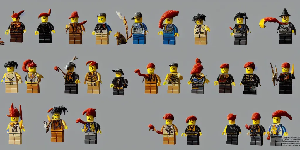 Prompt: characters from the magical lego imagination forest called critters, they are made out of individual bricks and look cute, sharp focus, moebius, character sheet, game concept art, brush work