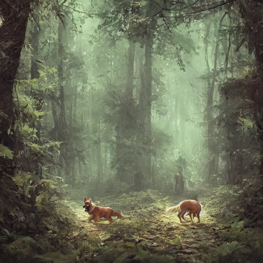 Image similar to photo of a dog in the woods ilustration, concept art, sharp focus, ArtStation