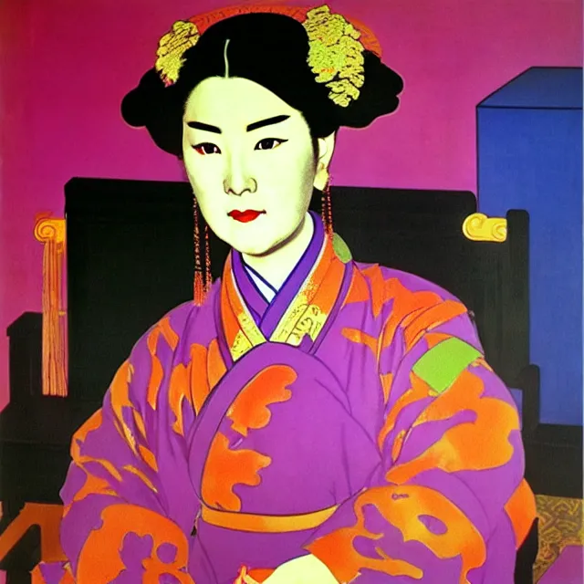 Image similar to a beautiful painting cyberpunk the empress of the qing dynasty of china, by andy warhol henri matisse art deco lumion render realistic oil painting