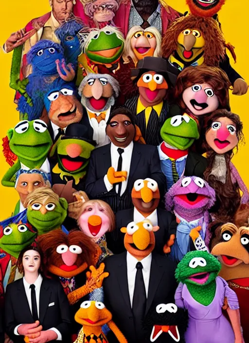 Prompt: The Muppet Show cast portrait photo, Pulp Fiction style, highly detailed, pop art poster, vector art, Unreal engine, Octane render, Weta digital, HDRP, RTX, volumetric lighting, poster artwork by Michael Whelan and Tomer Hanuka