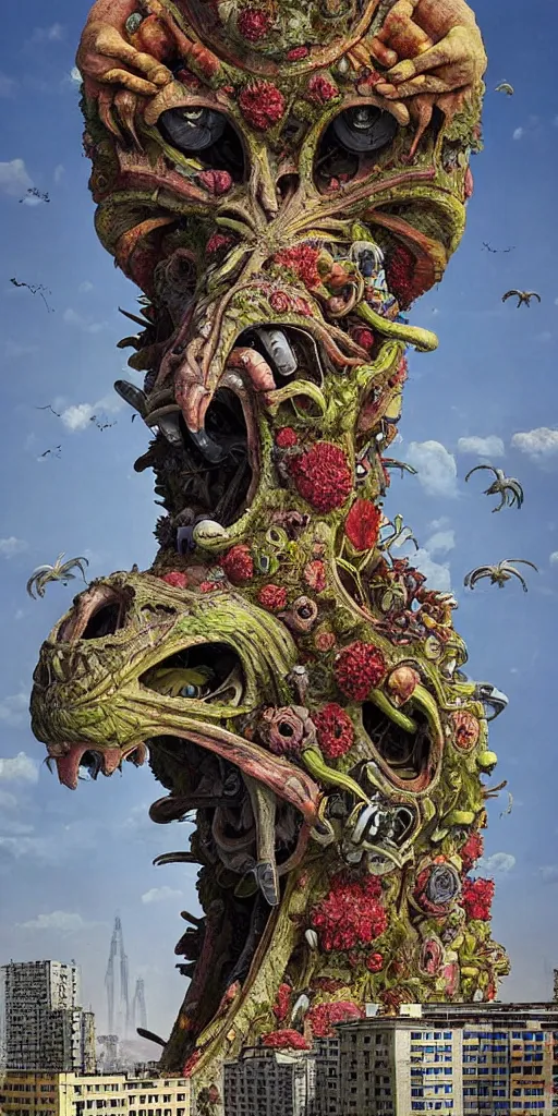 Image similar to colossal grotesque prehistoric alien flower made from best unfulfilled mankind projects in the middle of abandoned post soviet constructivist cityscape, Stalinist architecture, ultradetailed, Intricate by Hayao Miyazaki and Josan Gonzalez and Makoto Shinkai and Giuseppe Arcimboldo and Wes Anderson