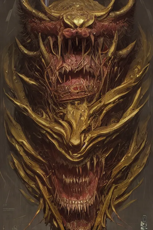 Image similar to beast from chinese mythology, sharp, slender and densely arranged teeth, dystopian, cyberpunk, nanotech demonic monster horror, ominous, intricate, studio, art by anthony macbain + greg rutkowski + alphonse mucha, concept art, 4 k, sharp focus