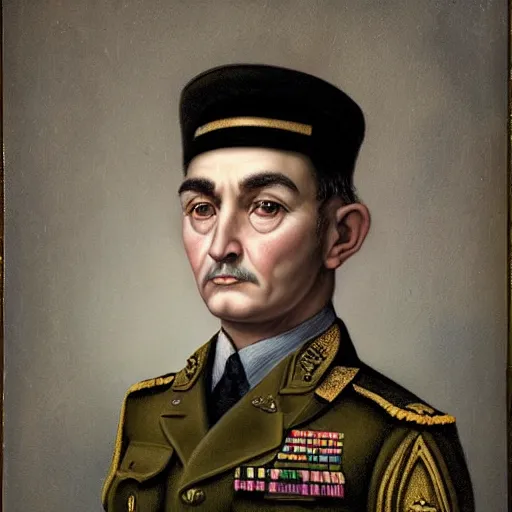 Image similar to portrait artwork of five star army general by mark ryden, sad eyes, breathtaking, 8 k resolution, extremely detailed, beautiful