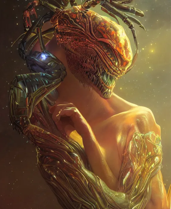 Image similar to portrait of a shining neon lights predatory insect alien crab monster, muscles, rippling, milky way environment, ultra realistic, concept art, intricate details, eerie, highly detailed, photorealistic, octane render, 8 k, unreal engine. art by artgerm and greg rutkowski and alphonse mucha