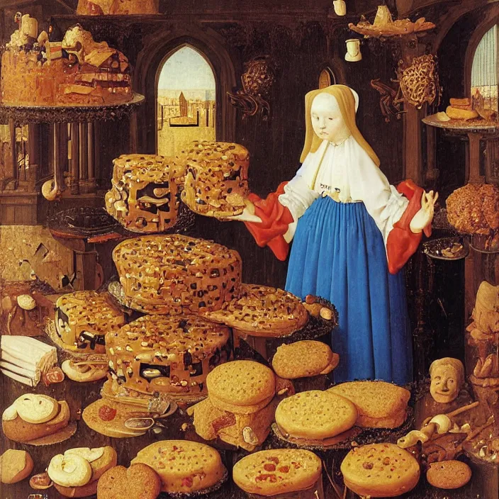 Prompt: a woman drowning in cakes and cookies, by Jan van Eyck