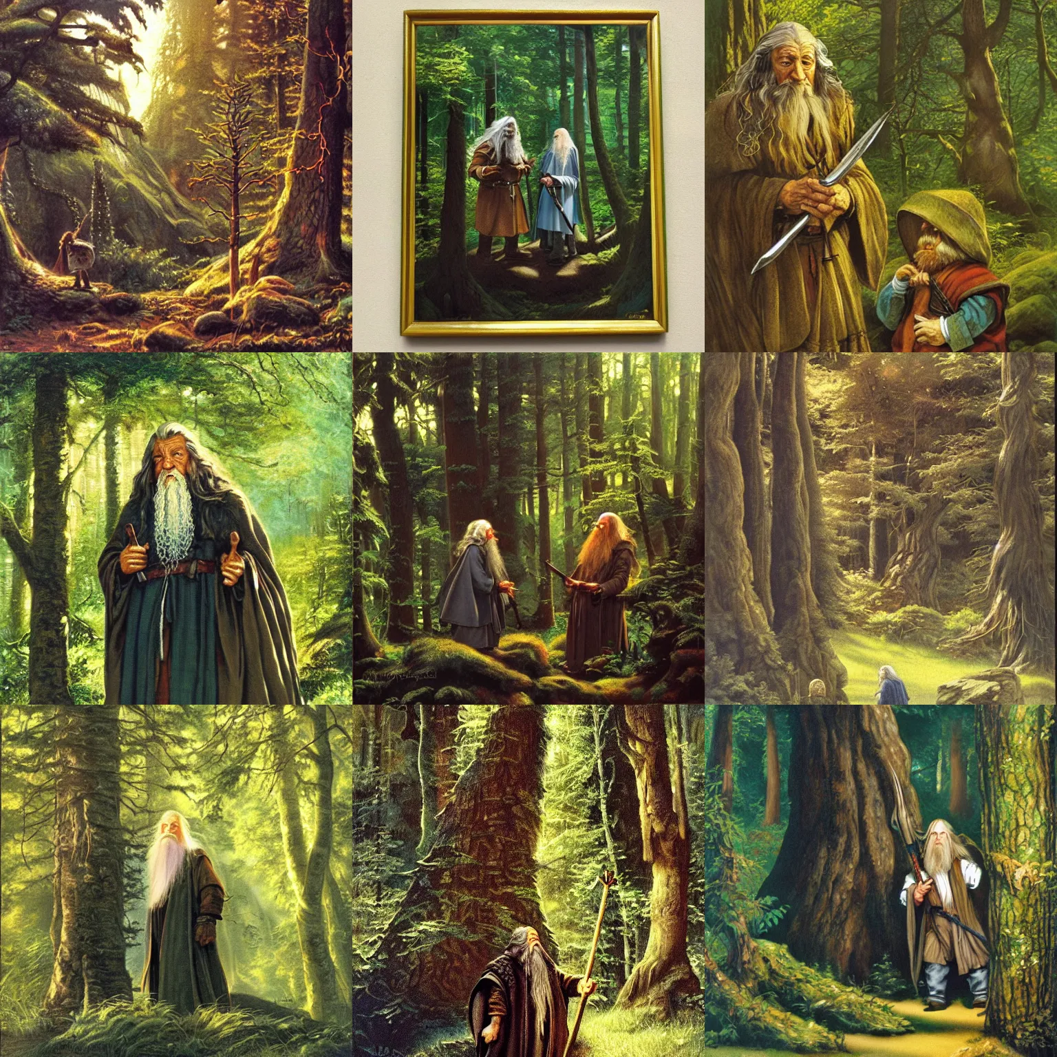 Prompt: dwarf meets gandalf in the forest painted by brothers hildebrandt as seen in the tolkien calendar 1979 acrylic painting