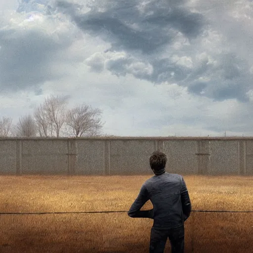 Prompt: a matte painting of a a man standing in front of a wire fence by emiliano ponzi