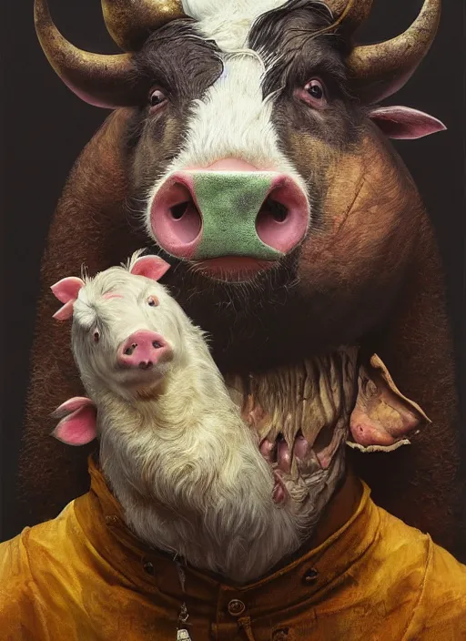 Image similar to a hyper detailed painting of an anthropomorphic joaquin phoenix, cow, pig, sheep, chicken, horror, by anna podedworna, by miklos ligeti, by diego maricato, by taran fiddler, by antonino truisi, by chris reddie, by jinsung lim, trending on artstation