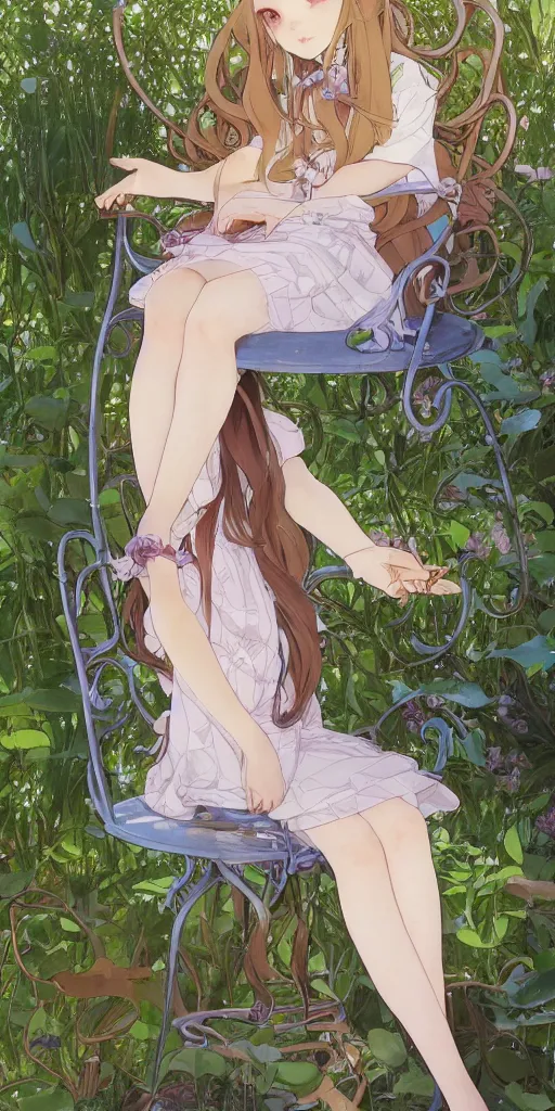 Image similar to a close up of a loli with long hair in a dress sitting on a metal garden chair in the privet garden at afternoon, green and warm theme, back lighting, by krenz cushart and mucha and akihito yoshida and greg rutkowski and makoto shinkai and studio ghibli, detailed eyes, 4 k resolution, trending on art station