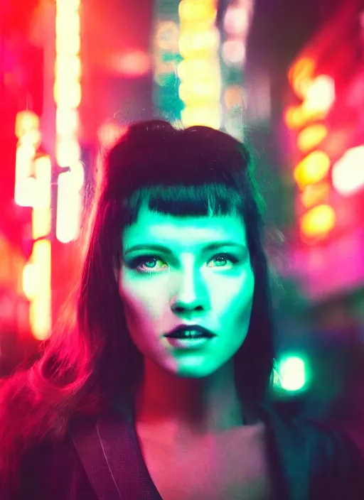 Prompt: A hyper realistic and detailed head portrait photography of a Rachael of Blade Runner on a futuristic street. by David Dubnitskiy. Neo noir style. Cinematic. neon lights glow in the background. Cinestill 800T film. Lens flare. Helios 44m