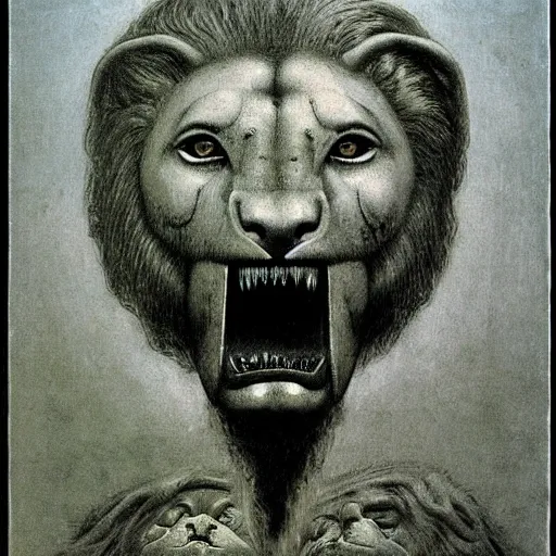 Image similar to cherub with four faces : man, lion, eagle, bull. drawn by zdzislaw beksinski