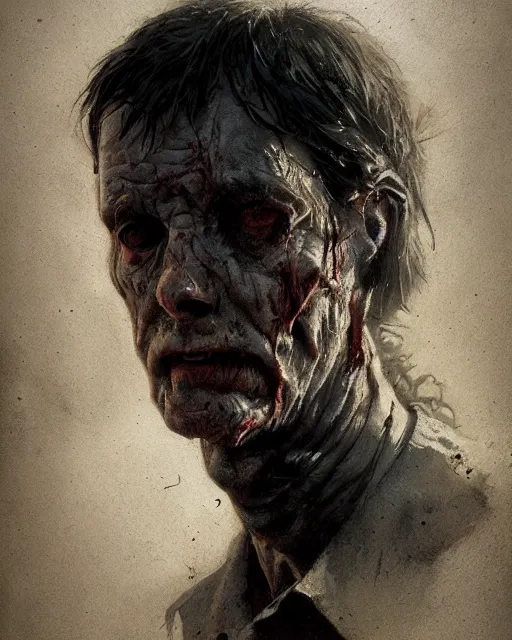 Image similar to hyper realistic photo portrait dried out zombie cinematic, greg rutkowski, james gurney, mignola, craig mullins, brom